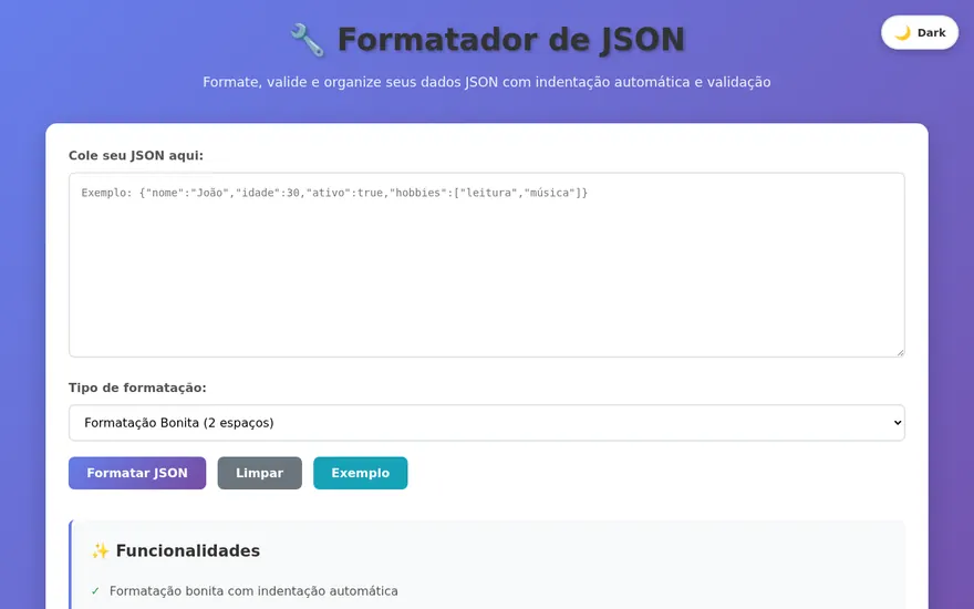 Tela do projeto Formatador de JSON
